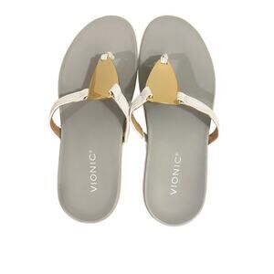 VIONIC Women’s RAYSA White Gray Toe Post Orthotic Gold Accent Sandals SZ 6 $90